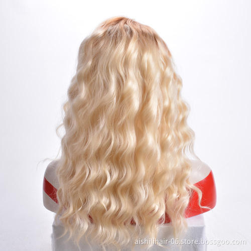 AiShiLi Factory Hair Wholesale Long Body Wave Ombre Wigs with Brown Root for Women Heat Resistant Synthetic Hair